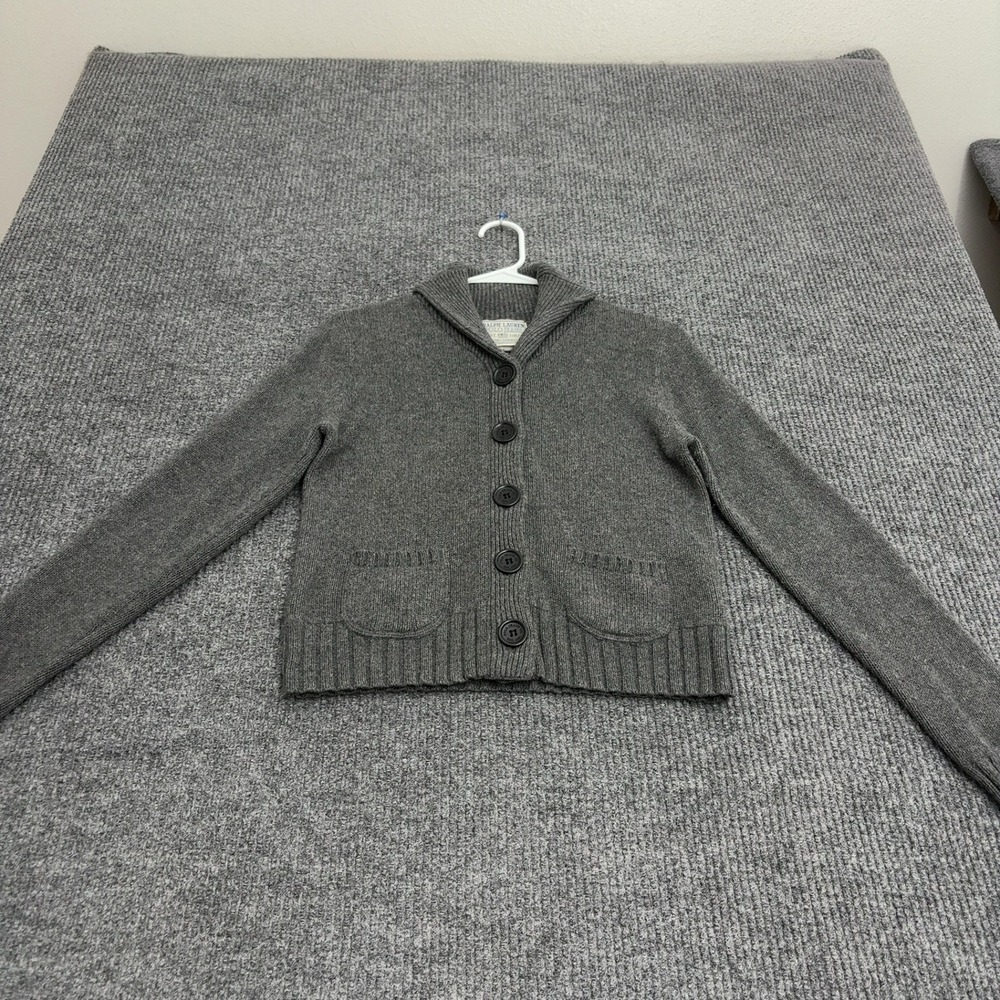 Vintage Ralph Lauren Polo Jeans Cardigan Women M Gray Cotton Angora Shawl Collar